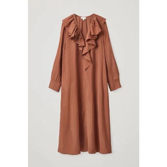COS Allmira Dress Ruffled V-neckline Maxi Women's Size 4 Brown Fall - Picture 3 of 13